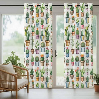 Summer Cactus Outdoor Curtains for Patio Cactus Tropical Plant Wooden Waterproof Outside Curtains with Grommet Top Weatherproof Curtain for Cabana Pergola Gazebo, 2 Pack, 54" W x 108" L