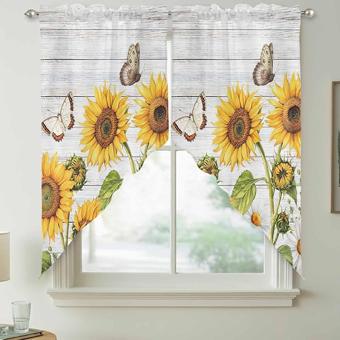 Yellow Sunflowers Swag Valances for Windows, Vintage Country Flowers Butterfly Wood Board Rod Pocket Kitchen Curtains Valance, Small Window Curtains Swag for Cafe Living Room, 2 Panels, 36x36 inch