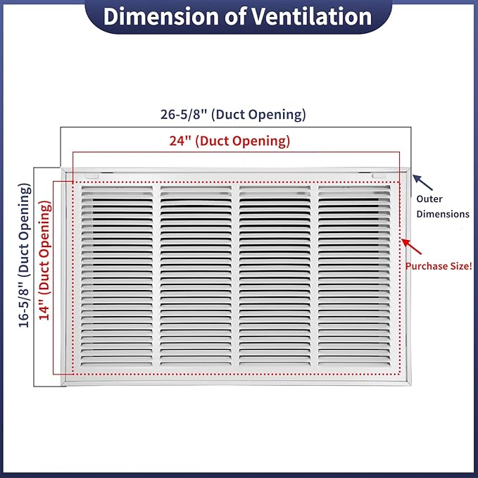 24"W x 14"H [Duct Opening Size] Steel Return Air Filter Grille - Removable Face/Door for 1 inch Filters -HVAC Vent Cover Grill - White [Outer Dimensions: 26 5/8"W X 16 5/8"H]