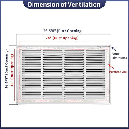 24"W x 14"H [Duct Opening Size] Steel Return Air Filter Grille - Removable Face/Door for 1 inch Filters -HVAC Vent Cover Grill - White [Outer Dimensions: 26 5/8"W X 16 5/8"H]