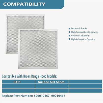 S99010467 Range Hood Filter 11.5" x 11.5" Replacement For Broan range hood BXT1 & Nutone AR1 series Kitchen Exhaust Fan Stove Hood Vent Filter Replaces S99010467 99010467 2 Pack