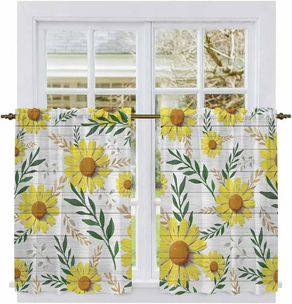 Yellow Daisy Kitchen Curtains, Farmhouse Country Flower Leaf Plant Wood Grain Light Filtering Window Curtain Panels, 2Pcs Rod Pocket Window Treatments Set for RV Dining Room Study Room 42x45 Inches