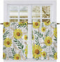 Yellow Daisy Tier Curtains, Farmhouse Country Flower Leaf Plant Wood Grain Light Filtering Kitchen Curtains, 2Pcs Rod Pocket Half Window Treatments Panels for Sink Cafe Cabinet Basement 27.5x45 Inches