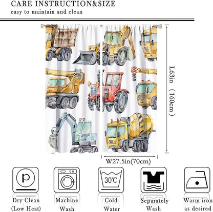 Kids Excavator Curtains, Retro Truck Tractor Machinery Construction Vehicle Crane Digger Mixer Rod Pocket Decorative Windows Curtain for Teens Girls Boys Room 55x63in (30% Blackout)