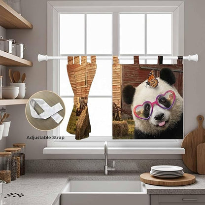 Farm Panda Kitchen Curtains 24 Inch Length, Small Window Curtains Tab Top, Farmhouse Barn Funny Animals Butterfly Light Filtering Short Window Treatments Tier Drapes 27.5"x24" 2 Panel
