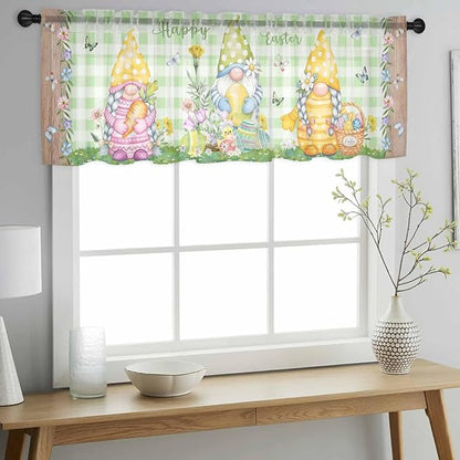 Easter Sheer Valances for Windows 54"x18", Light Filtering Kitchen Curtains Valance, Gnomes Flowers Duck Eggs Green Lattice Wooden Rod Pocket Chiffon Curtains for Living Room Bedroom Cafe