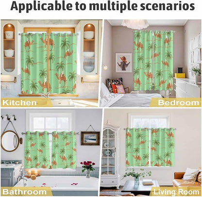 2 Panel Kitchen Cafe Curtains, Desert Camels Sunlight Filtering Nature Air Through, Home Decor Window Covering Tier Curtains for Bedroom Living Room Tropical Date Palm Trees Animal Green
