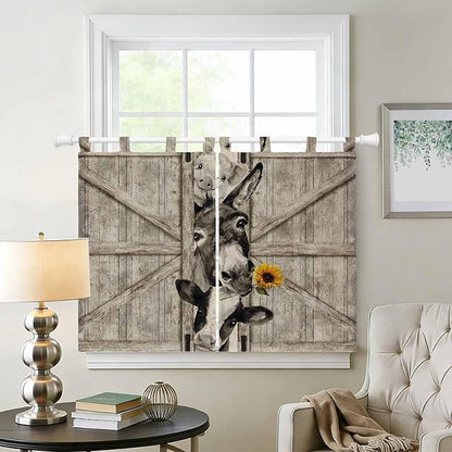 Funny Farm Animals Bedroom Curtains 63 Inch Length, Window Curtains Tab Top, Vintage Barn Brown Sunflowers Light Filtering Window Treatments Drapes 42"x63" 2 Panel