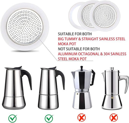 2 Pcs Filter with 3 Pcs Silicone Gasket Seals for 12 Cup Stovetop Espresso Coffee Maker Replacement Parts for Big Tummy and Straight Stainless Steel Moka Pot
