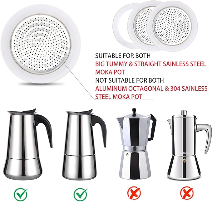 2 Pcs Filter with 3 Pcs Silicone Gasket Seals for 9 Cup Stovetop Espresso Coffee Maker Replacement Parts for Big Tummy and Straight Stainless Steel Moka Pot