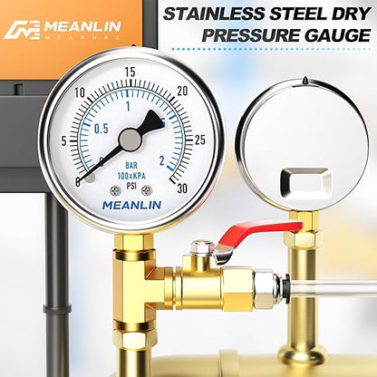 MEANLIN MEASURE 0~30Psi Dry Low Pressure Gauge Stainless Steel 1/8" NPT 2" FACE DIAL Waterproof for Pool Sand Filter Water Oil Air Pressure Test Lower Mount, with 1/4" NPT and 3/8" NPT Hex Bushing