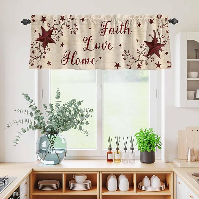Kitchen Curtains Tiers and Valance Set of 3, Vintage Country Light Filtering Window Curtain Set, Vintage Rustic Texas Stars Plants Branch Rod Pocket Curtain Drapes for Living Room, 36 Inches Tiers