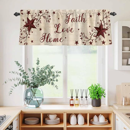 Kitchen Curtains Tiers and Valance Set of 3, Vintage Country Light Filtering Window Curtain Set, Vintage Rustic Texas Stars Plants Branch Rod Pocket Curtain Drapes for Living Room, 36 Inches Tiers