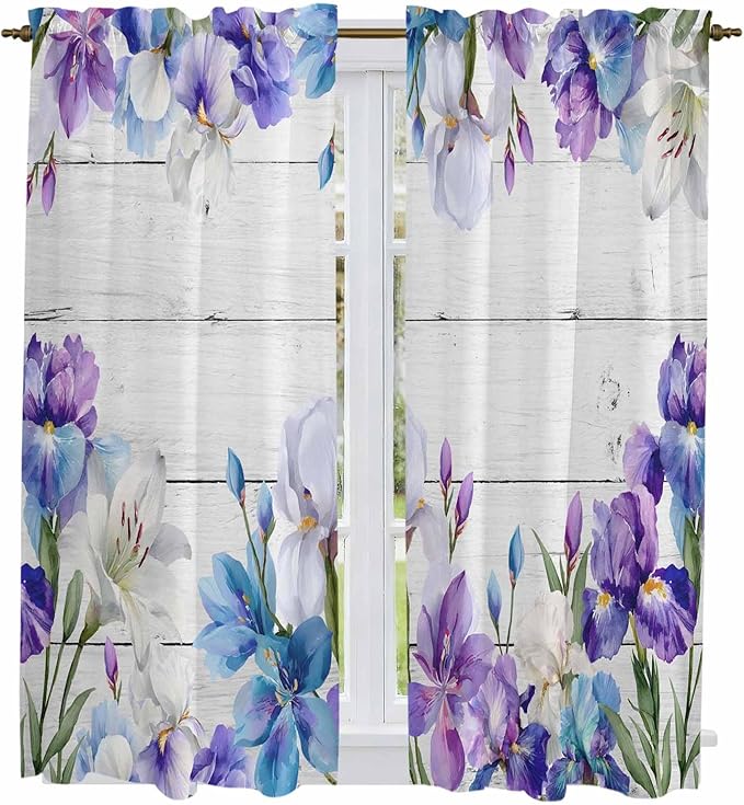 Spring Flowers Kitchen Curtains, Watercolor Garden Florals Wooden Grain Light Filtering Window Curtain Panels, 2Pcs Rod Pocket Window Treatments Set for Living Room Bathroom Bedroom 42x63 Inches
