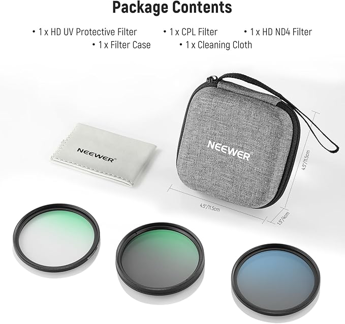 NEEWER 77mm UV/CPL/ND Lens Filter Kit with Hard Shell Storage Case, Multicoated Optical Glass & Aluminum Alloy Frame, UV + Circular Polarizer (CPL) + Neutral Density (ND4) Filter for 77mm Camera Lens