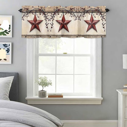 Farmhouse American Valances for Windows, Country Star Berries Vintage Wood Grain Kitchen Valance Light Filtering Rod Pocket Short Curtains for Kitchen Bathroom, 1 Panel, 42"x12"