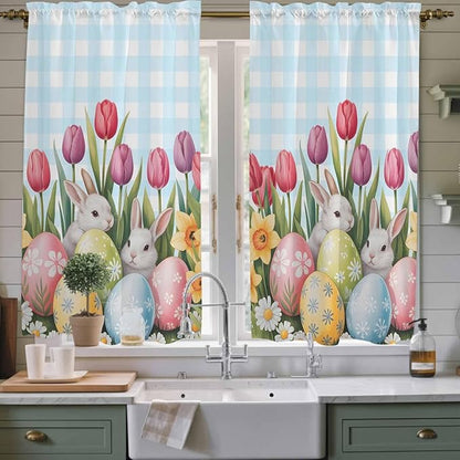 Easter Window Curtains 63 Inch Long 2 Panel Set, Rod Pocket Bedroom Curtains & Drapes, Spring Bunny Colorful Eggs Tulip Flowers Blue Check Light Filtering Window Treatment for Living Room 42"W x 63"L