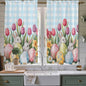 Easter Window Curtains 63 Inch Long 2 Panel Set, Rod Pocket Bedroom Curtains & Drapes, Spring Bunny Colorful Eggs Tulip Flowers Blue Check Light Filtering Window Treatment for Living Room 42"W x 63"L