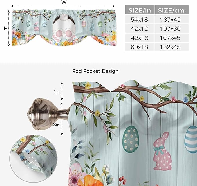 Easter Bunny Tie Up Valance Curtains for Windows, Kitchen Curtains Window Shades, Easter Eggs Spring Farmhouse Wood Grain Teal Blue Light Filtering Curtain Valances for Bedroom/Bathroom/Cafe 42"x18"
