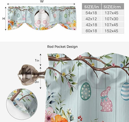 Easter Bunny Tie Up Valance Curtains for Windows, Kitchen Curtains Window Shades, Easter Eggs Spring Farmhouse Wood Grain Teal Blue Light Filtering Curtain Valances for Bedroom/Bathroom/Cafe 42"x18"