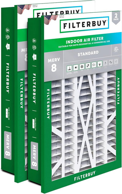 Filterbuy 16x25x5 Air Filter MERV 8 Essential Dust & Allergy Defense (2-Pack), Electrostatic Pleated HVAC AC Furnace Filters for Honeywell Return Grille (Actual Size: 14.38 x 23.38 x 3.69)