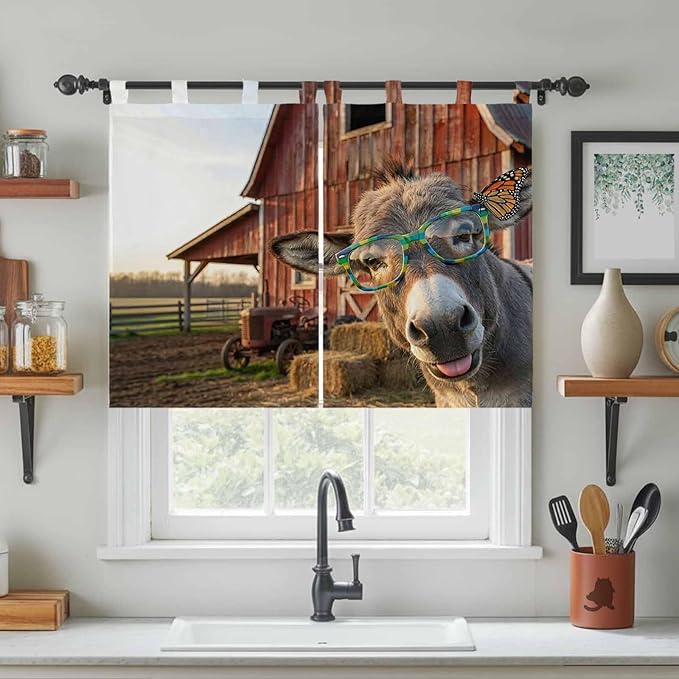 Farm Donkeys Kitchen Curtains 45 Inch Length, Short Cafe Window Curtains Tab Top, Farmhouse Barn Funny Animals Butterfly Light Filtering Window Treatments Tier Drapes 27.5"x45" 2 Panel