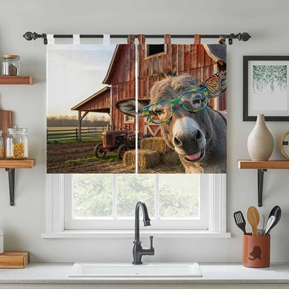 Farm Donkeys Kitchen Curtains 45 Inch Length, Short Cafe Window Curtains Tab Top, Farmhouse Barn Funny Animals Butterfly Light Filtering Window Treatments Tier Drapes 27.5"x45" 2 Panel
