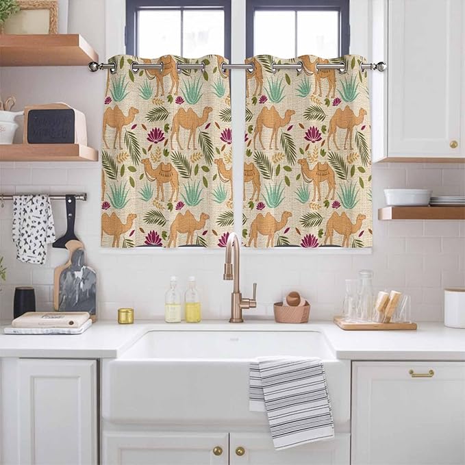 2 Panel Kitchen Cafe Curtains, Desert Camels Sunlight Filtering Nature Air Through, Home Decor Window Covering Tier Curtains for Bedroom Living Room Vintage Sand Animals Aloe Vera Leaves Beige