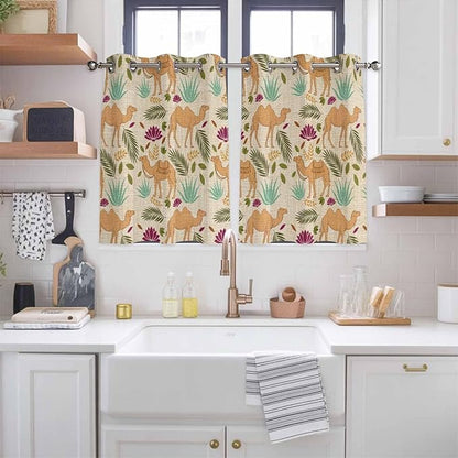 2 Panel Kitchen Cafe Curtains, Desert Camels Sunlight Filtering Nature Air Through, Home Decor Window Covering Tier Curtains for Bedroom Living Room Vintage Sand Animals Aloe Vera Leaves Beige