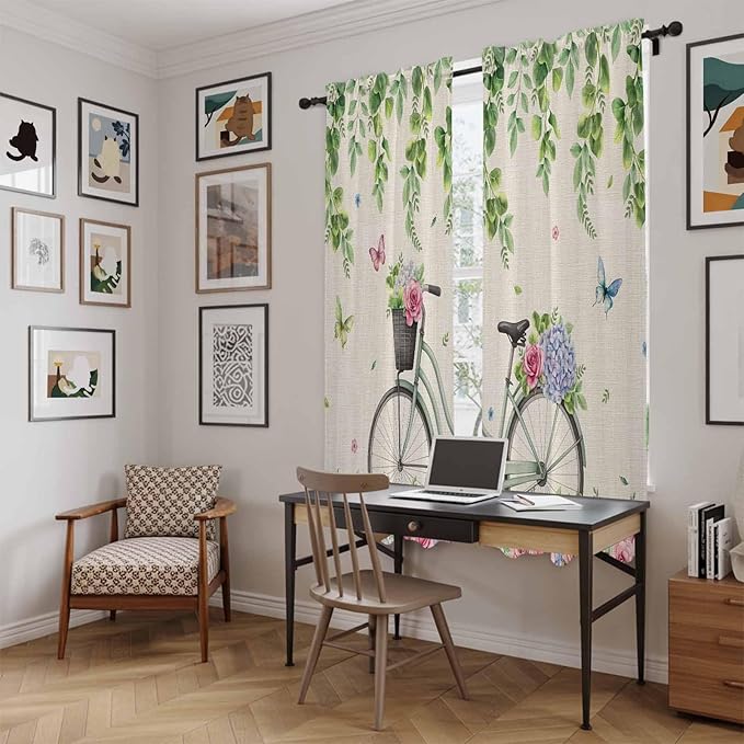 Farmhouse Spring Kitchen Curtains, Retro Bicycles Flowers Vines Butterfly Light Filtering Window Curtain Panels, 2Pcs Rod Pocket Window Treatments Set for Living Room Bathroom Bedroom 52x72 Inches