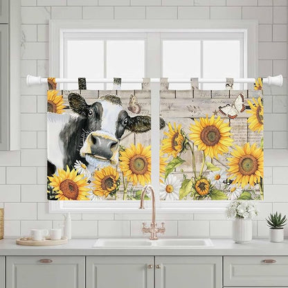 Yellow Sunflowers Kitchen Curtains 36 Inch Length, Small Window Curtains Tab Top, Farmhouse Cow Barn Doors Floral Butterfly Light Filtering Short Window Treatments Tier Drapes 27.5"x36" 2 Panel