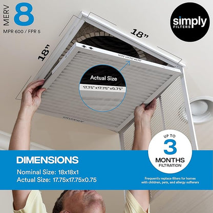 Simply 18x18x1 Air Filter, Merv 8, 6 Pack, For Home AC Furnace & HVAC (Actual Size: 17.75"x17.75"x0.75") DUST, Pet, & Allergy Control