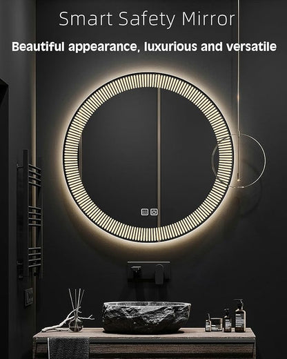 31.5 Inch LED Round Bathroom Mirror,Wall Mounted Multifunction Bathroom Vanity Mirror with Led Three-Color Light and Demister Pad, Circular Wall Mounted Vanity Mirror for Home Bathrooms,Shopping Malls