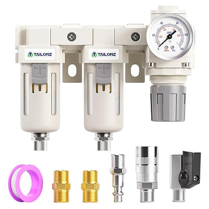 TAILONZ PNEUMATIC 1/2 Inch NPT 3 in 1 Air Filter Pressure Regulator Combo Piggyback, Air Tool Compressor Filter with Gauge AF4000+AF4000+AR4000