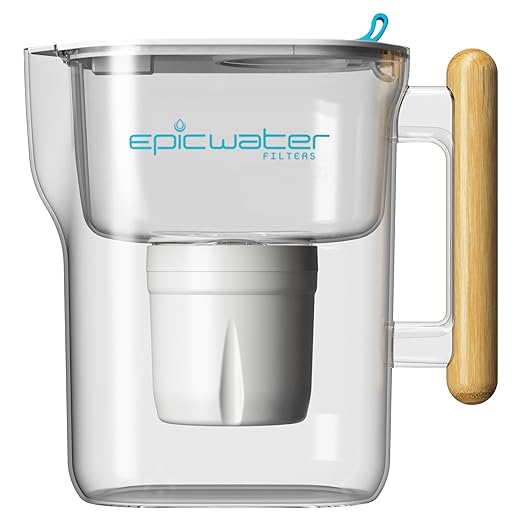 Epic Pure XP Water Filter Pitcher with Advanced CoreXchange™ Filter | NSF Certified | Removes PFAS, Lead, Chlorine & More | BPA-Free | Made in USA (White & Bamboo)