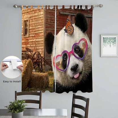 Farm Panda Living Room Curtains 84 Inch Length, Window Curtains Tab Top, Farmhouse Barn Funny Animals Butterfly Light Filtering Window Treatments Drapes 52"x84" 2 Panel
