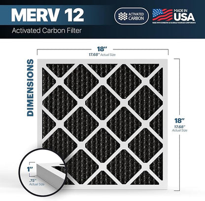 BNX TruFilter 18x18x1 MERV 12 Odor Defense (2-Pack) AC Furnace Air Filter with Activated Carbon - MADE IN USA - Pleated Air Conditioner HVAC AC Furnace Filters - Removes Odor, Mold, Bacteria, Smoke