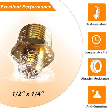 2pcs 1/2" NPT x 1/4" NPT Brass Nipple, 1/2 to 1/4 Adapter Fitting Reducing Solid Hex Brass Nipple, 1/2 Male to 1/2 Male Reducer Pipe Fittings for Extending and Connecting Pipes