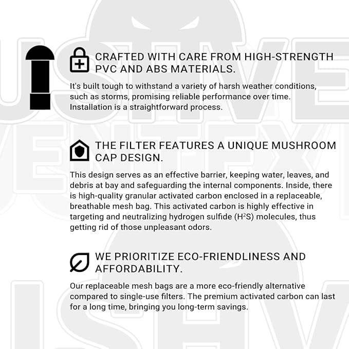 Vent Stack Pipe Filter with Mushroom Cap | Eliminates Outdoor Odors | Fits Standard PVC/ABS Pipes | Durable ABS Construction | Long-Lasting Activated Carbon | Earth-Friendlier | Fits 3.0"