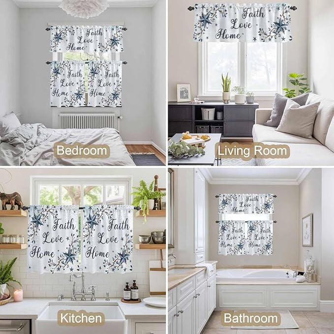 Texas Star Country Kitchen Curtains Set 3 Piece for Windows, Rod Pocket Valance and Tier Set 36 Inch Length, Blue Farmhouse Branches Light Filtering Cafe Curtains for Living Room Bathroom