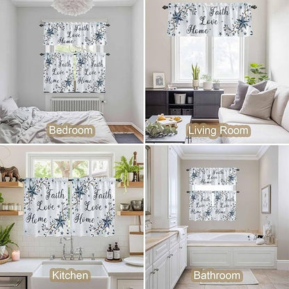 Texas Star Country Kitchen Curtains Set 3 Piece for Windows, Rod Pocket Valance and Tier Set 36 Inch Length, Blue Farmhouse Branches Light Filtering Cafe Curtains for Living Room Bathroom
