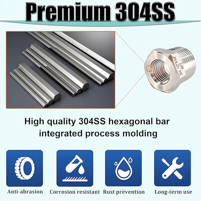 3/8" NPT Male to 1/4" NPT Female Hex Bushing Reducer, 304 Stainless Steel NPT Reducing Adapter Pipe Fitting, Heavy Duty Pipe Hex Bushing for Reducing Pipe (3/8” MNPT x 1/4” FNPT)