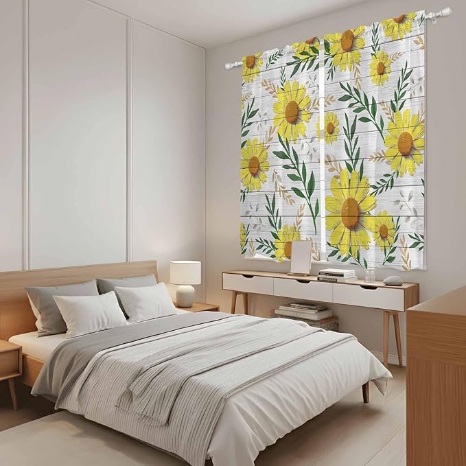 Yellow Daisy Kitchen Curtains, Farmhouse Country Flower Leaf Plant Wood Grain Light Filtering Window Curtain Panels, 2Pcs Rod Pocket Window Treatments Set for Living Room Bathroom Bedroom 42x63 Inches