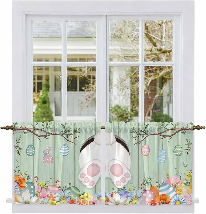 Easter Kitchen Tier Curtains 36 Inch Long 2 Panel Set,Rod Pocket Half Window Curtains Over Sink,Spring Watercolor Bunny Eggs Wooden Grain Green Light Filtering Short Drapes Cafe 27.5"W x 36"L