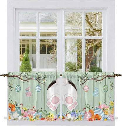 Easter Kitchen Tier Curtains 36 Inch Long 2 Panel Set,Rod Pocket Half Window Curtains Over Sink,Spring Watercolor Bunny Eggs Wooden Grain Green Light Filtering Short Drapes Cafe 27.5"W x 36"L