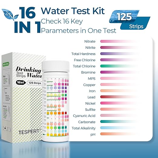 TESPERT Drinking Water Test Strips 125ct 16 in 1 – 30s Quick Screening for Hardness, pH, Iron, Nitrite, Copper, Chlorine, Nitrite, Carbonate,Lead, Alkalinity...Well, Tap, Home, City Water Testing
