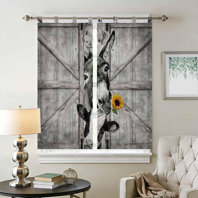 Funny Farm Animals Bedroom Curtains 72 Inch Length, Window Curtains Tab Top, Vintage Barn Grey Sunflowers Light Filtering Window Treatments Drapes 52"x72" 2 Panel