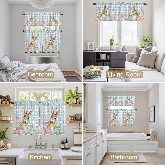 Kitchen Curtains Tiers and Valance Set of 3, Easter Light Filtering Window Curtain Set, Spring Rabbit Eggs Seasonal Flowers Blue Lattice Rod Pocket Curtain Drapes for Living Room, 24 Inches Tiers