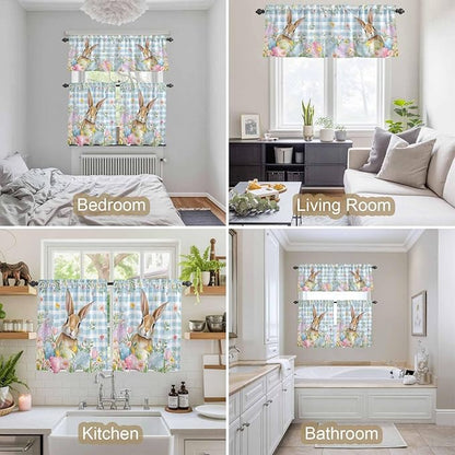 Kitchen Curtains Tiers and Valance Set of 3, Easter Light Filtering Window Curtain Set, Spring Rabbit Eggs Seasonal Flowers Blue Lattice Rod Pocket Curtain Drapes for Living Room, 24 Inches Tiers