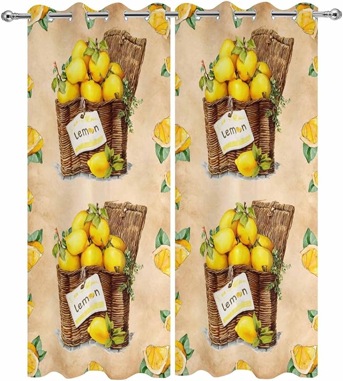 Lemon Outdoor Curtains for Patio Lemons in Baskets Summer Tropical Plant Brown Waterproof Outside Curtains with Grommet Top Weatherproof Curtain for Cabana Pergola Gazebo, 2 Pack, 54" W x 84" L